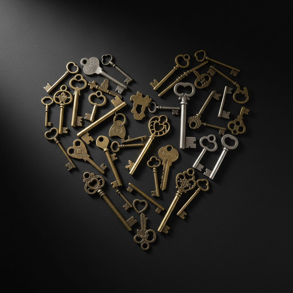 A heart-shaped arrangement of vintage keys in varying sizes and ornate designs carefully laid out on a smooth, matte black surface. Each key is made of aged brass or burnished silver, with intricate scrollwork and tiny engraved details catching the light. A single, delicate gold key rests at the center, slightly tilted, acting as the focal point. Subtle, directional studio lighting from the upper left creates refined highlights on the metal edges and soft gradients of shadow across the black background. Photographic realism with a centered, top-down composition and sharp focus throughout, producing a clean, sophisticated aesthetic that symbolizes the many verses of love and the one key to the beloved’s heart.