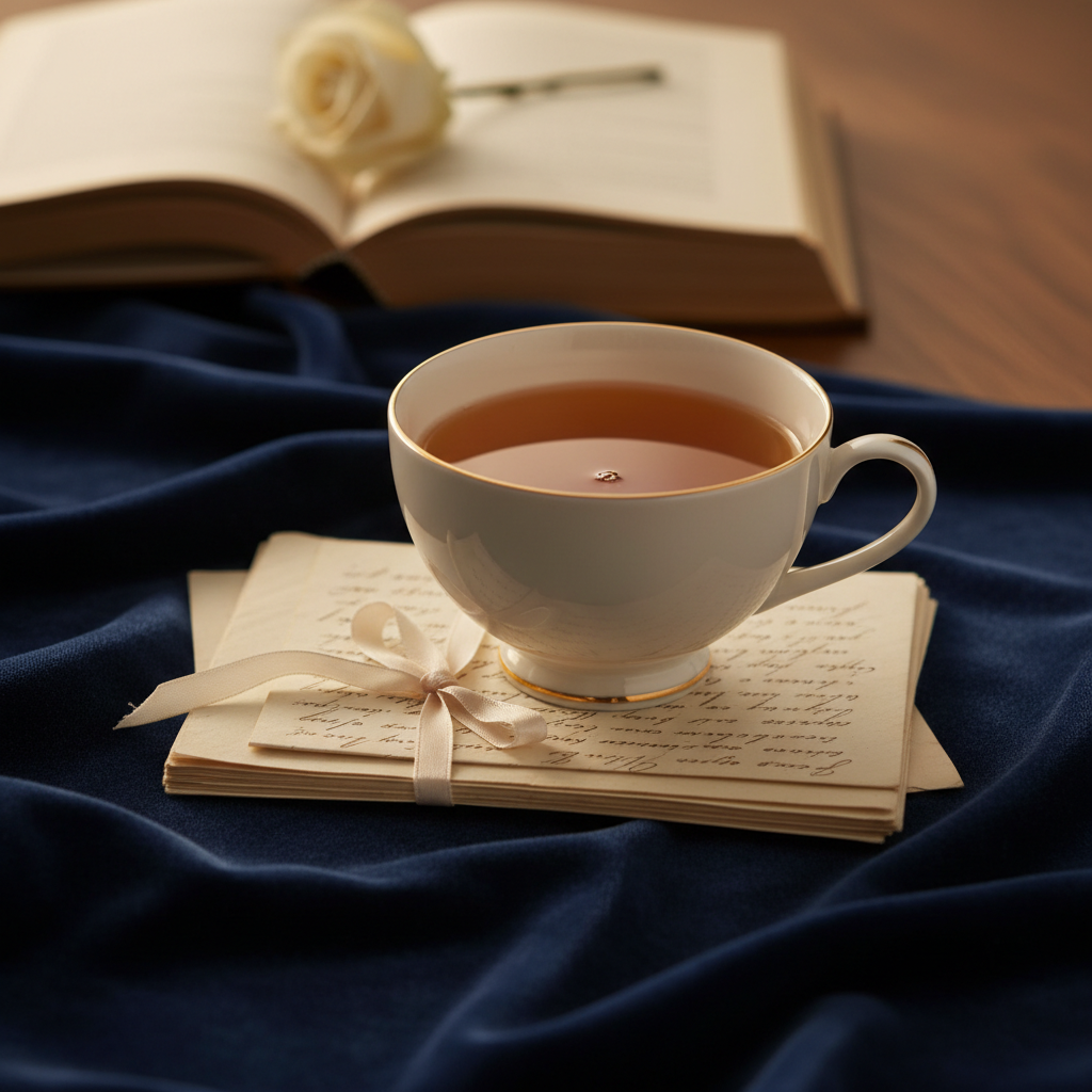A simple porcelain teacup in soft ivory, with a thin gold rim and graceful handle, filled with amber tea that reflects tiny highlights on its surface. The cup sits on a small stack of handwritten love notes tied together with a narrow, pale silk ribbon. Underneath, a richly textured, dark blue velvet cloth spreads across the table, catching light in subtle waves. In the background, out of focus, an open hardcover book lies face-up with a pressed white flower between its pages. Warm, low evening light from a nearby lamp creates a cozy halo, emphasizing gold accents and deep shadows within the velvet folds. Photographic realism, shot at a slightly low angle, expressing a mood of intimate, sophisticated comfort and quiet devotion.