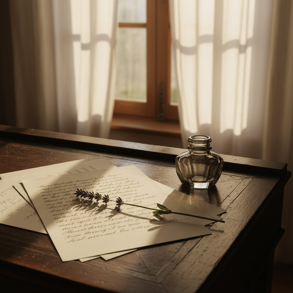 A dark wooden writing desk positioned near a tall window draped with sheer, off-white curtains gently billowing inward. On the desk lies a stack of neatly aligned cream stationery, the top sheet filled with elegant cursive verses in dark sepia ink, partially in frame. Beside it, an inkwell of smoky glass reflects subtle highlights, and a single, carefully placed dried lavender sprig rests across the page. Late afternoon light filters through the curtains, diffused and soft, enveloping the scene in a warm, sophisticated glow while casting delicate shadows of the lavender onto the paper. Photographic realism with a slightly elevated, three-quarter angle, and moderate depth of field, evoking a contemplative, intimate atmosphere of crafted words and timeless affection.