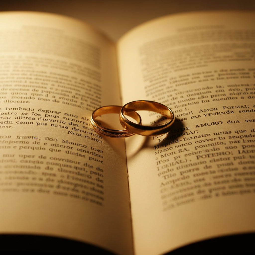 A pair of intertwined gold wedding bands, one slightly slimmer and more delicate, lying atop the open pages of a vintage poetry book written in Portuguese. The pages are softly yellowed, their edges feathery and worn, with printed verses forming a textured backdrop. The rings rest precisely where the pages meet, forming a subtle heart-shaped negative space between them. Warm, diffused evening light streams from a nearby lamp, casting a gentle glow on the metal and producing soft, elongated shadows along the printed lines. The background fades into creamy blur, with only the rings and a few crisp words in sharp focus. Photographic realism, intimate close-up composition, creating an atmosphere of promise, commitment, and literary devotion.