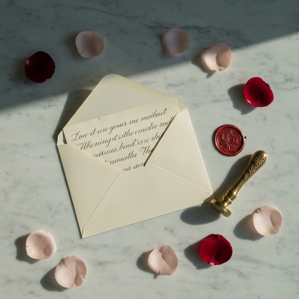 An open linen-textured envelope made of thick, ivory paper revealing the edge of a handwritten love letter, its flowing dark ink visible in soft curves but not legible. The envelope rests on a polished, light marble surface with subtle gray veining. Around it lie scattered rose petals in muted blush and burgundy tones, and a slim wax seal stamp beside a small pool of hardened crimson wax. Gentle afternoon window light falls from the upper right, creating refined reflections on the marble and delicate shadows under the envelope’s flap. Photographic realism, shot from a slightly elevated angle with the letter centered using the rule of thirds, evoking tenderness, anticipation, and sophisticated romance.